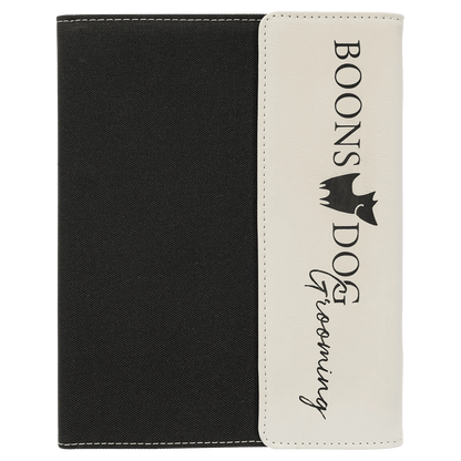 7" × 9" White / Black Canvas Portfolio with Notepad (faux leather & canvas) — custom laser engraved — ECHIPMUNK