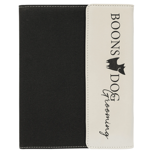 7" × 9" White / Black Canvas Portfolio with Notepad (faux leather & canvas) — custom laser engraved — ECHIPMUNK