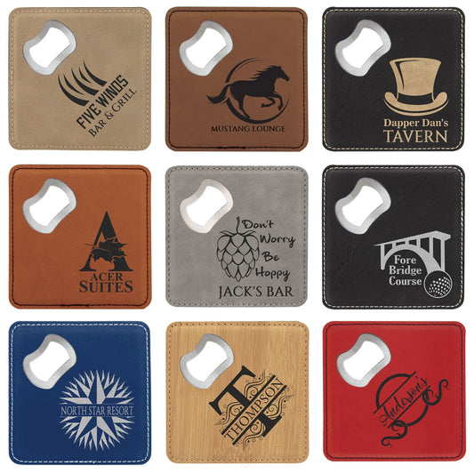 4" × 4" Bottle Opener Coaster (faux leather) — custom laser engraved — ECHIPMUNK