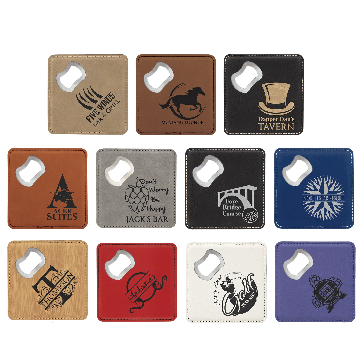 4" × 4" Bottle Opener Coaster (faux leather) — custom laser engraved — ECHIPMUNK