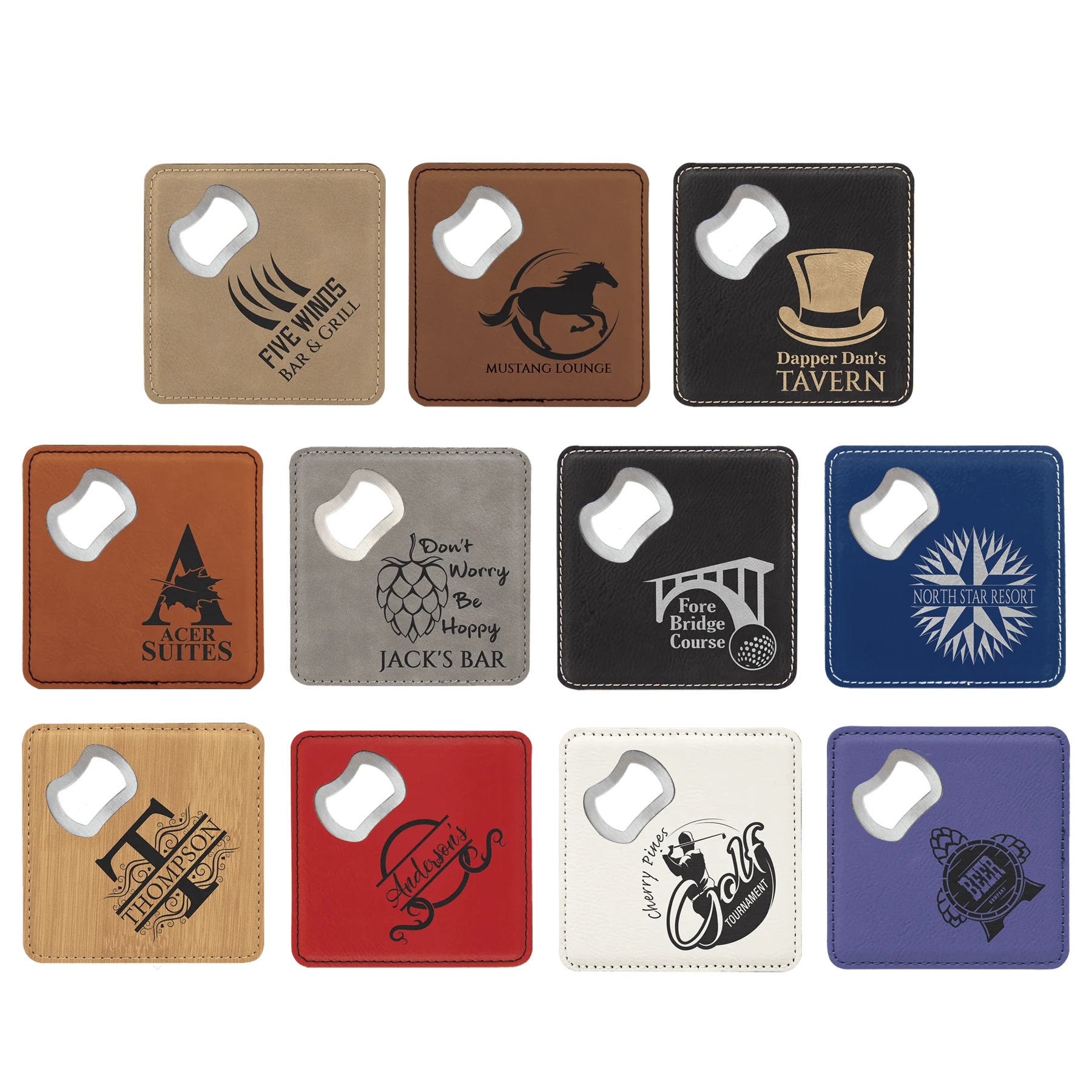 4" × 4" Bottle Opener Coaster (faux leather) — custom laser engraved — ECHIPMUNK