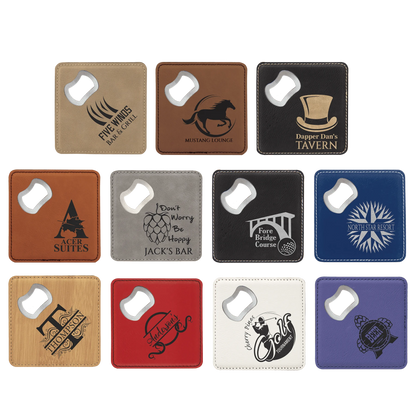4" × 4" Bottle Opener Coaster (faux leather) — custom laser engraved — ECHIPMUNK