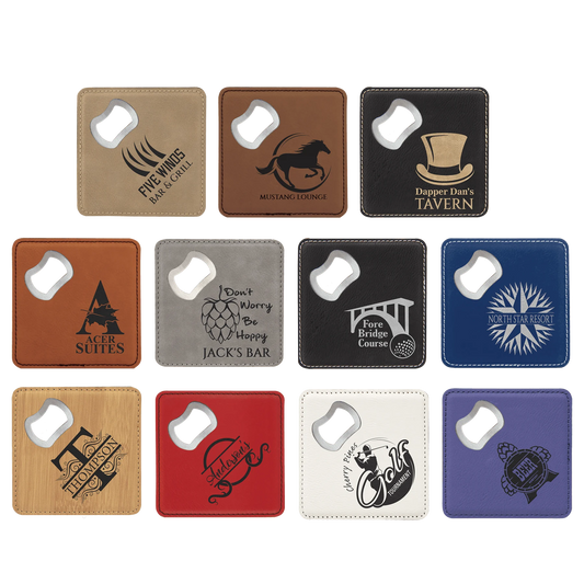 4" × 4" Bottle Opener Coaster (faux leather) — custom laser engraved — ECHIPMUNK