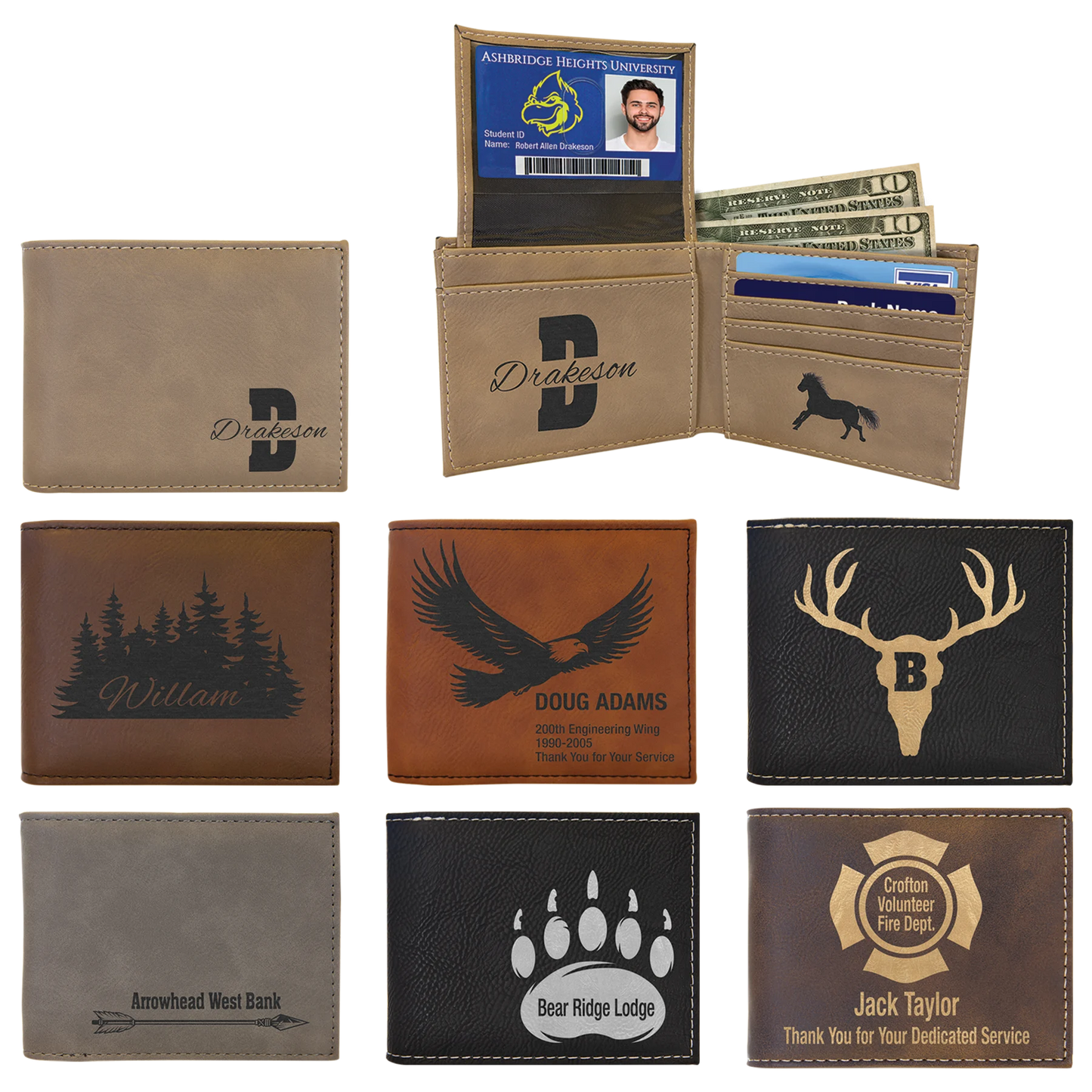 Bi-Fold Wallet w/Flip ID (faux leather) — custom laser engraved — ECHIPMUNK