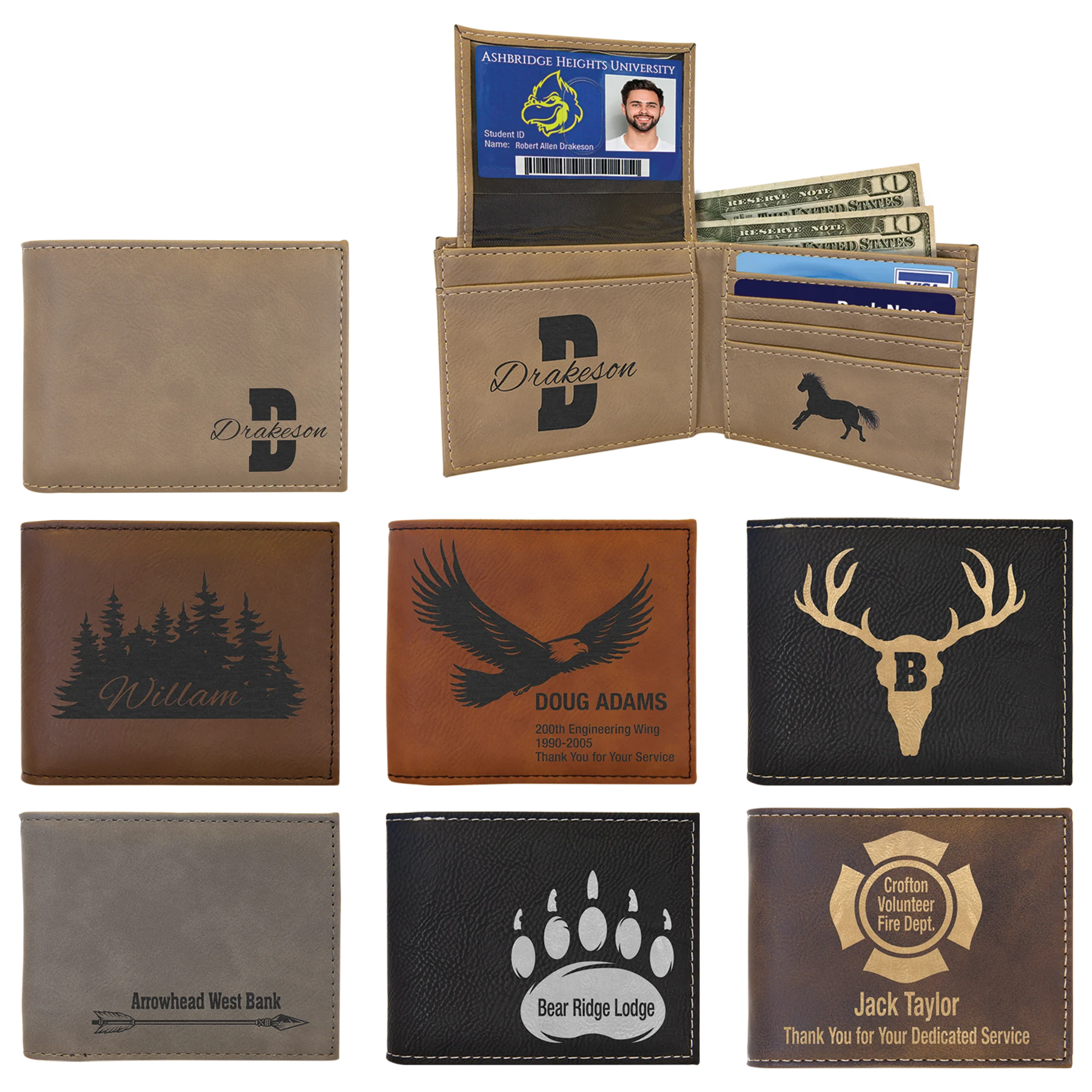 Bi-Fold Wallet w/Flip ID (faux leather) — custom laser engraved — ECHIPMUNK