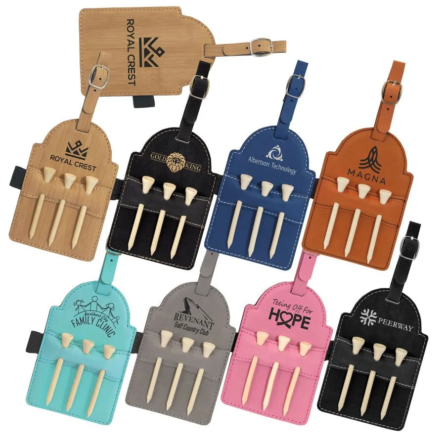 5" × 3.25" Golf Bag Tag with 3 Wooden Tees (faux leather) — custom laser engraved — ECHIPMUNK