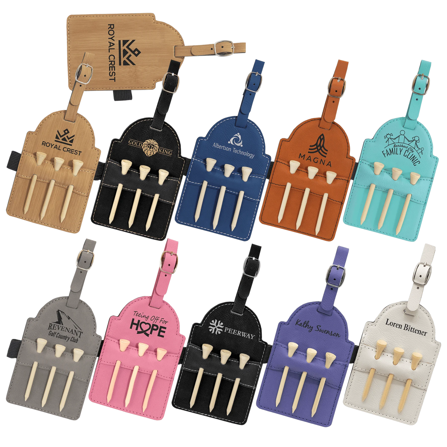 5" × 3.25" Golf Bag Tag with 3 Wooden Tees (faux leather) — custom laser engraved — ECHIPMUNK