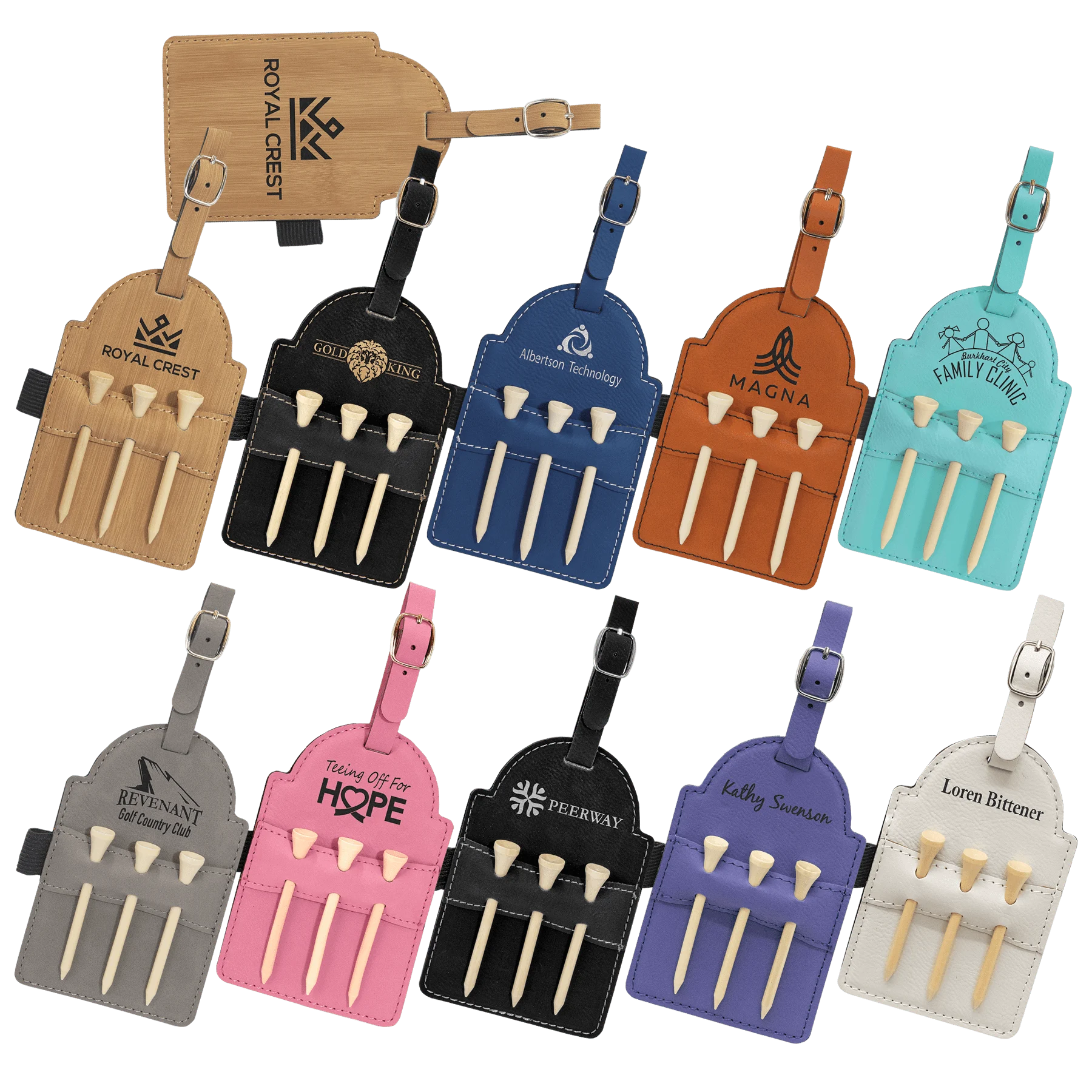 5" × 3.25" Golf Bag Tag with 3 Wooden Tees (faux leather) — custom laser engraved — ECHIPMUNK