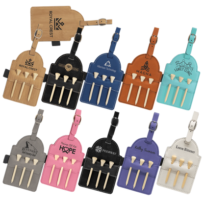 5" × 3.25" Golf Bag Tag with 3 Wooden Tees (faux leather) — custom laser engraved — ECHIPMUNK