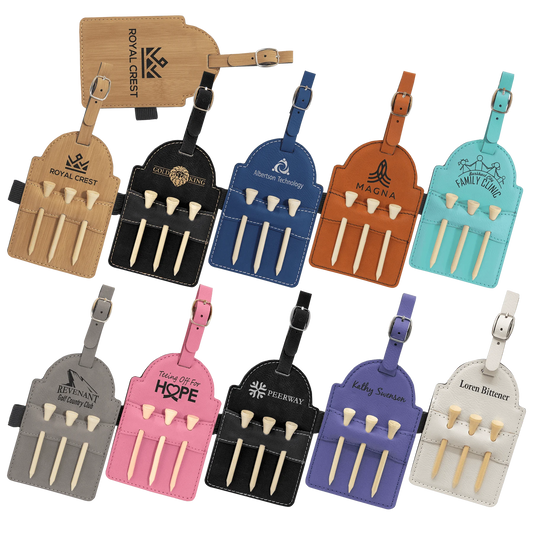 5" × 3.25" Golf Bag Tag with 3 Wooden Tees (faux leather) — custom laser engraved — ECHIPMUNK