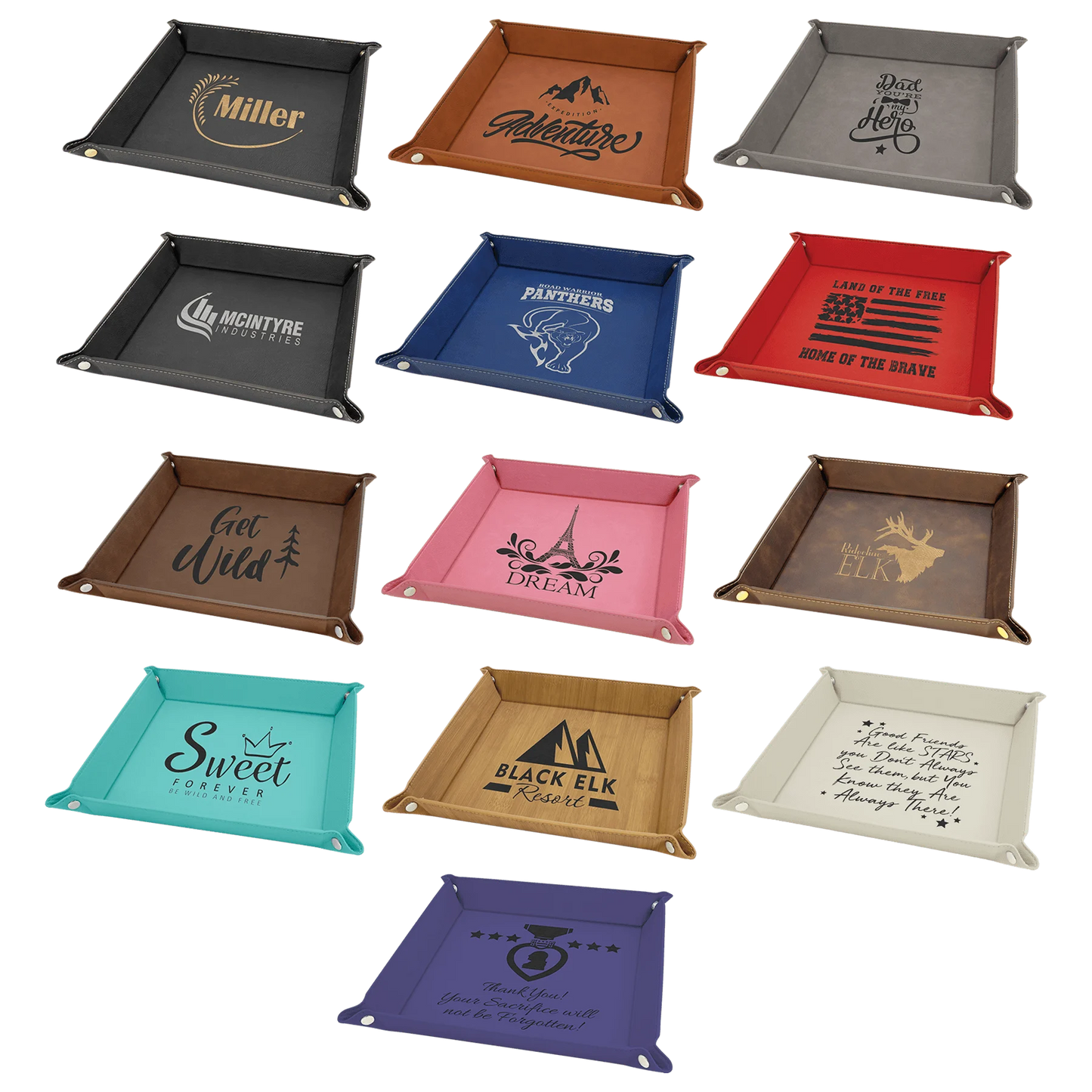 9" × 9" Snap Up Tray (faux leather) — custom laser engraved — ECHIPMUNK
