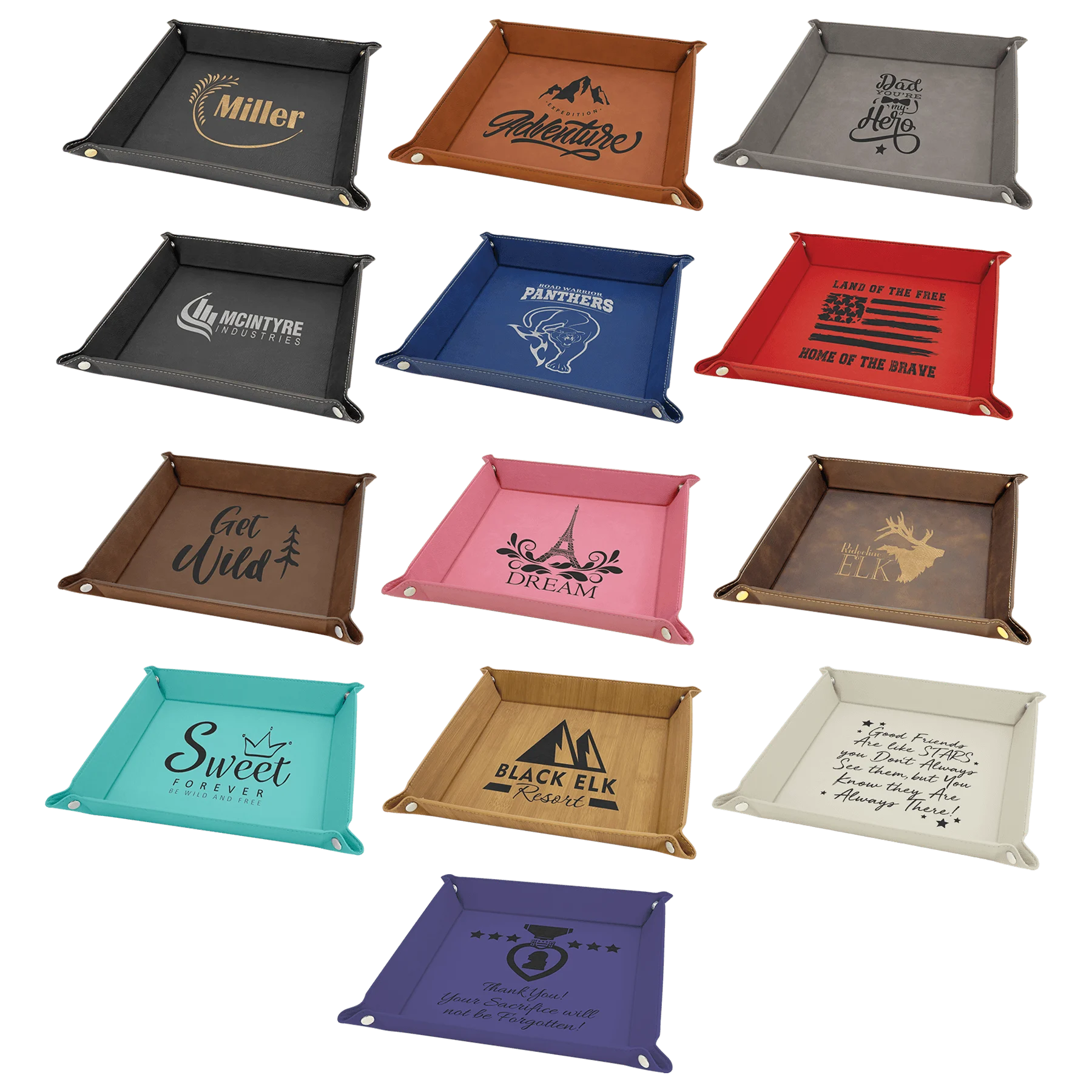 9" × 9" Snap Up Tray (faux leather) — custom laser engraved — ECHIPMUNK