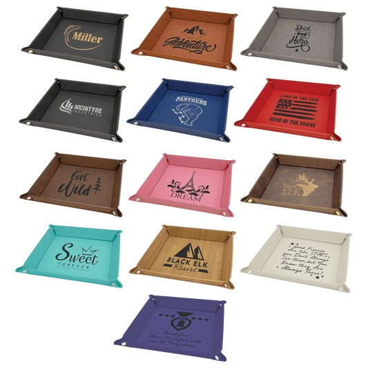 9" × 9" Snap Up Tray (faux leather) — custom laser engraved — ECHIPMUNK