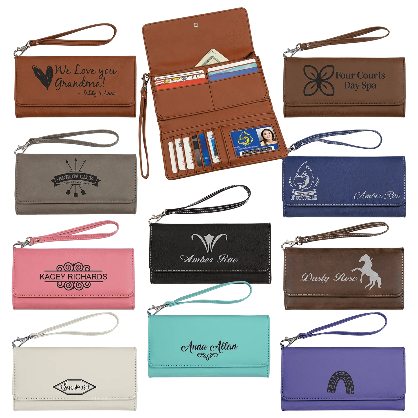 7.5" × 4" Wallet with Strap (faux leather) — custom laser engraved — ECHIPMUNK