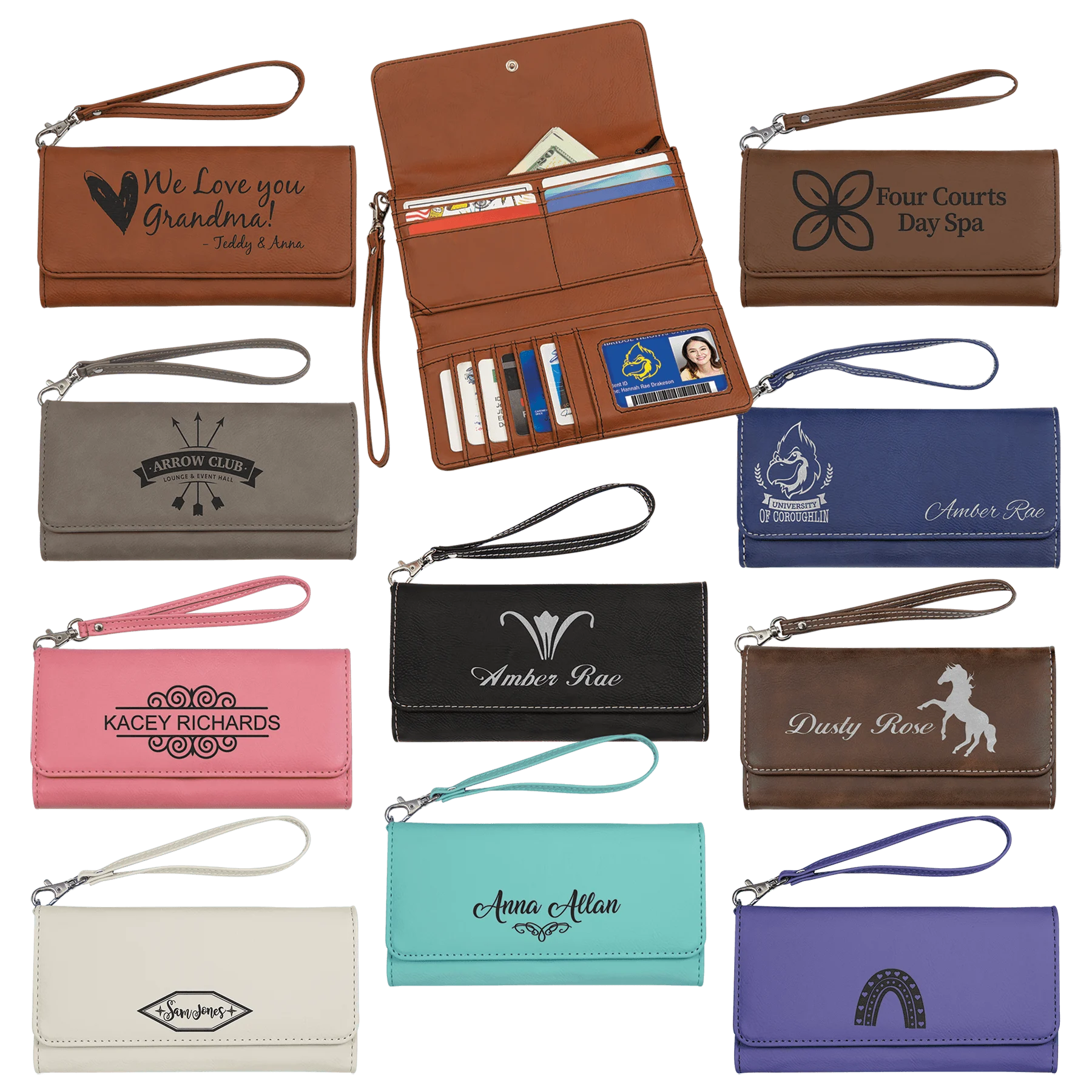7.5" × 4" Wallet with Strap (faux leather) — custom laser engraved — ECHIPMUNK