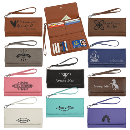 7.5" × 4" Wallet with Strap (faux leather) — custom laser engraved — ECHIPMUNK