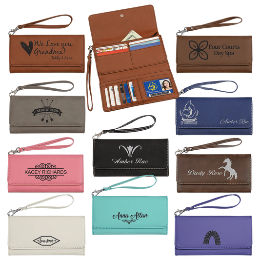 7.5" × 4" Wallet with Strap (faux leather) — custom laser engraved — ECHIPMUNK
