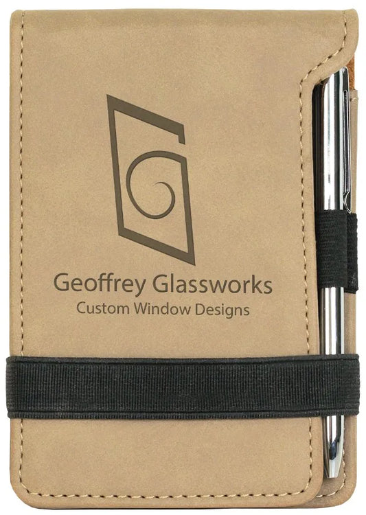3.25" × 4.75" Light Brown Mini Notepad with Pen (faux leather) — custom laser engraved — ECHIPMUNK