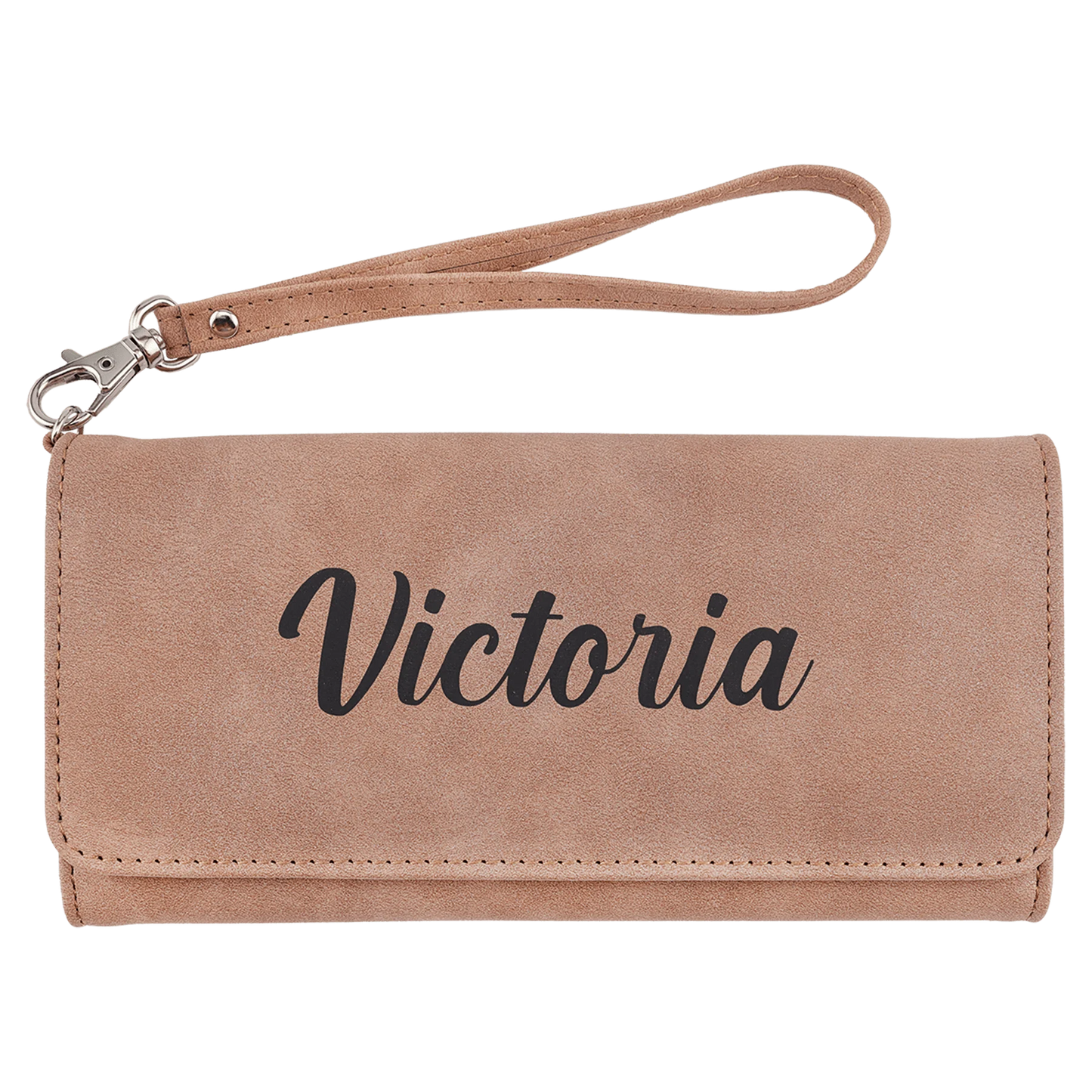 Wallet with Strap - , Creekside Collection, 7.5" × 4", Blush (faux leather) — custom laser engraved — ECHIPMUNK