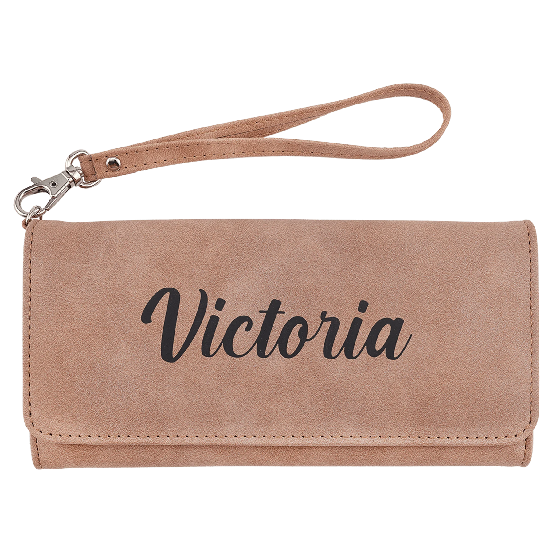 Wallet with Strap - , Creekside Collection, 7.5" × 4", Blush (faux leather) — custom laser engraved — ECHIPMUNK
