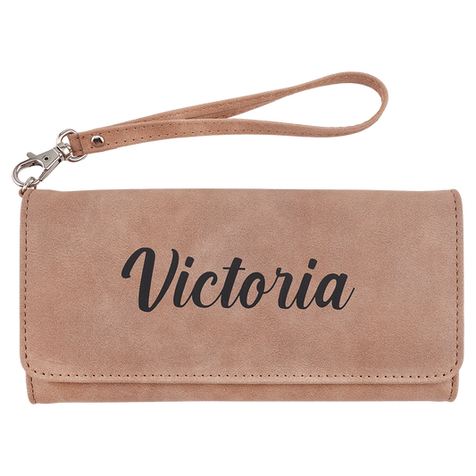 Wallet with Strap - , Creekside Collection, 7.5" × 4", Blush (faux leather) — custom laser engraved — ECHIPMUNK