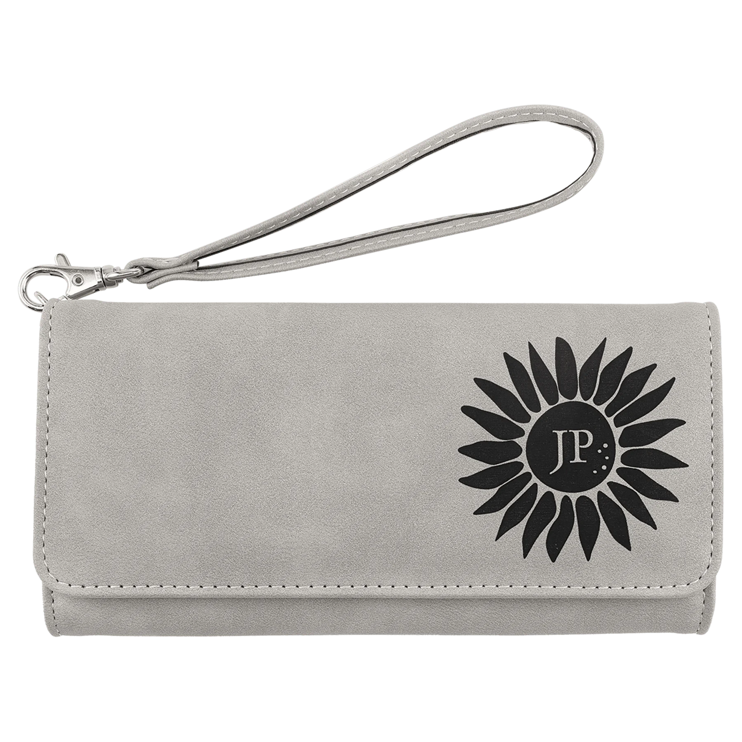 Wallet with Strap - , Creekside Collection, 7.5" × 4", Light Gray (faux leather) — custom laser engraved — ECHIPMUNK