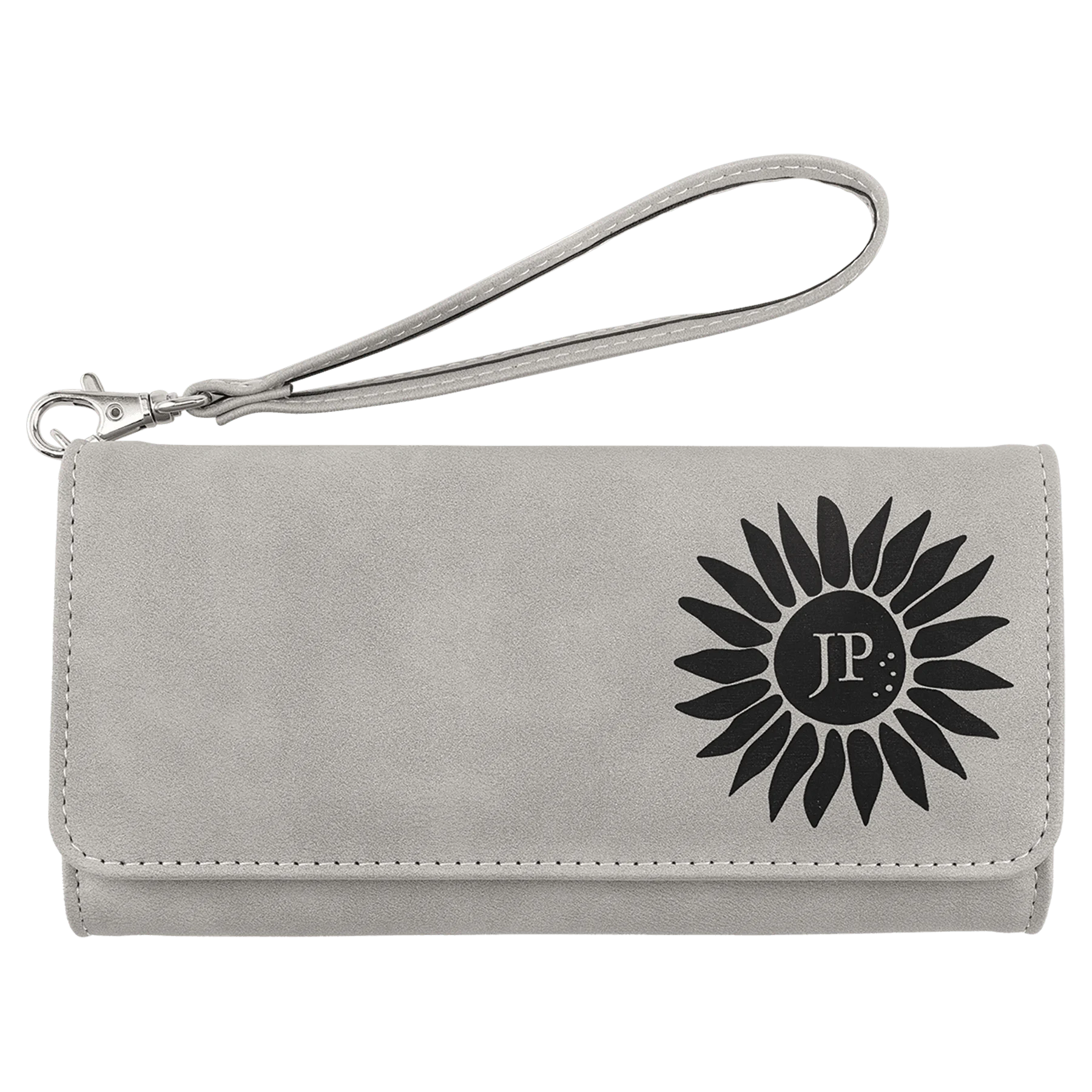 Wallet with Strap - , Creekside Collection, 7.5" × 4", Light Gray (faux leather) — custom laser engraved — ECHIPMUNK