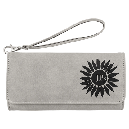 Wallet with Strap - , Creekside Collection, 7.5" × 4", Light Gray (faux leather) — custom laser engraved — ECHIPMUNK