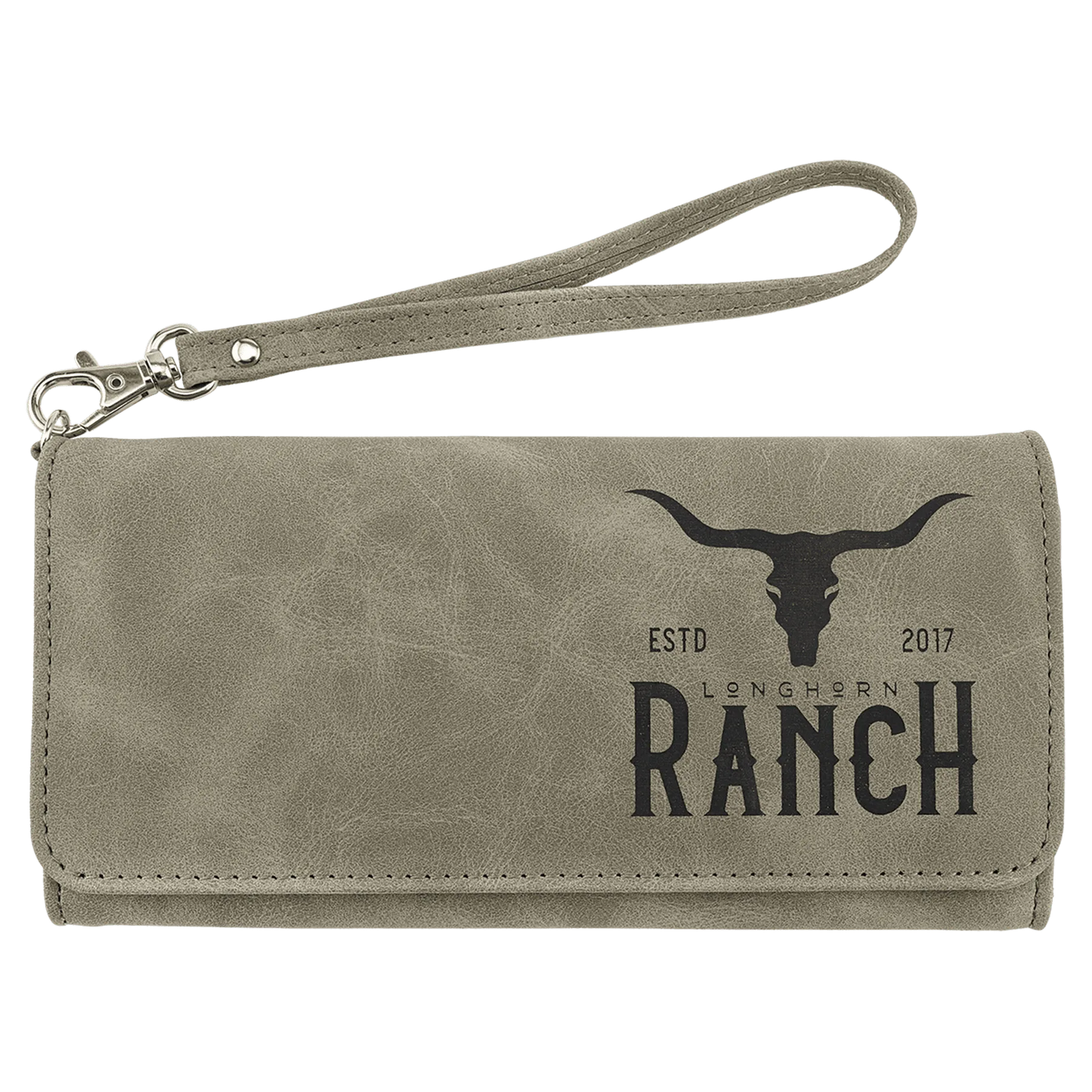 Wallet with Strap - , Creekside Collection, 7.5" × 4", Light Green (faux leather) — custom laser engraved — ECHIPMUNK