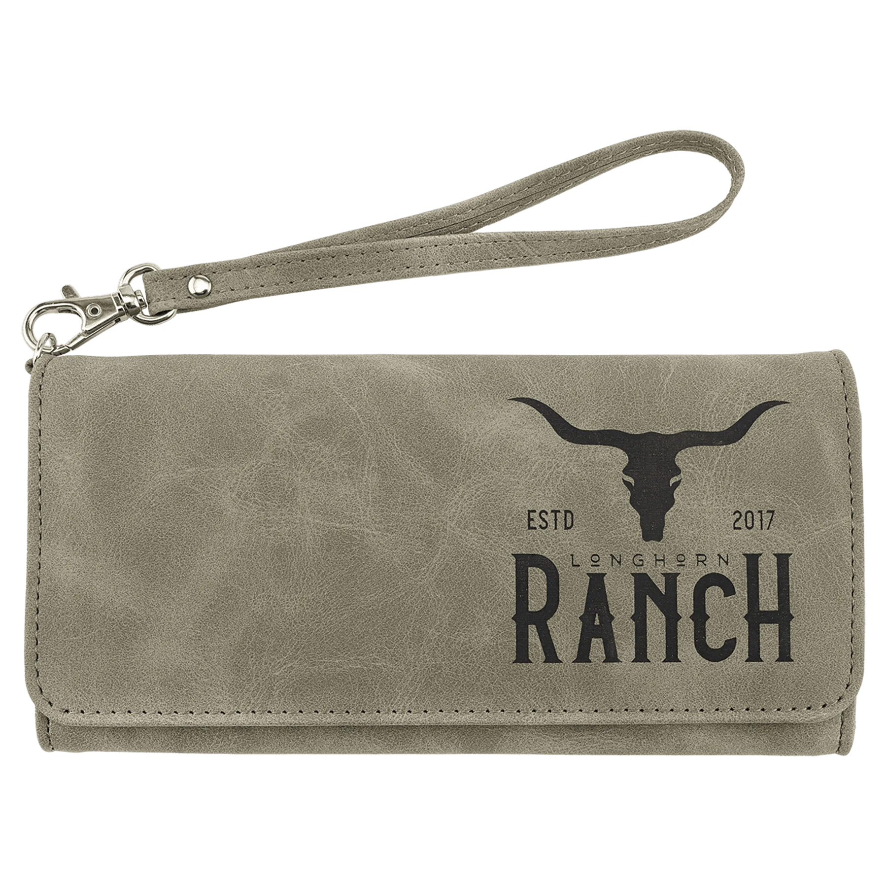 Wallet with Strap - , Creekside Collection, 7.5" × 4", Light Green (faux leather) — custom laser engraved — ECHIPMUNK
