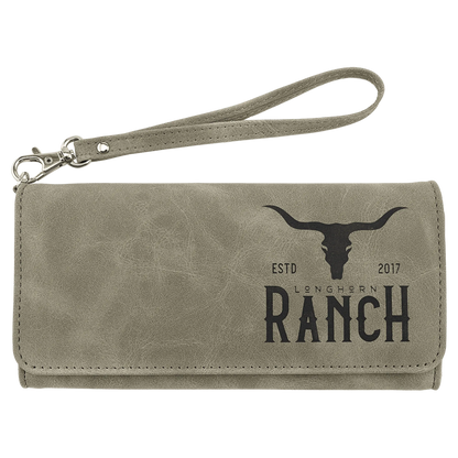 Wallet with Strap - , Creekside Collection, 7.5" × 4", Light Green (faux leather) — custom laser engraved — ECHIPMUNK