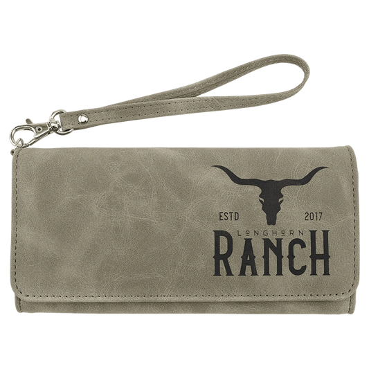 Wallet with Strap - , Creekside Collection, 7.5" × 4", Light Green (faux leather) — custom laser engraved — ECHIPMUNK