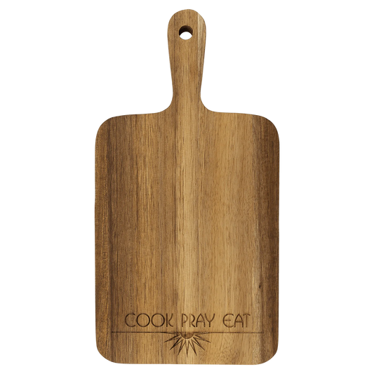 13.5" × 7" Acacia Paddle Shaped Cutting Board (acacia) — custom laser engraved — ECHIPMUNK