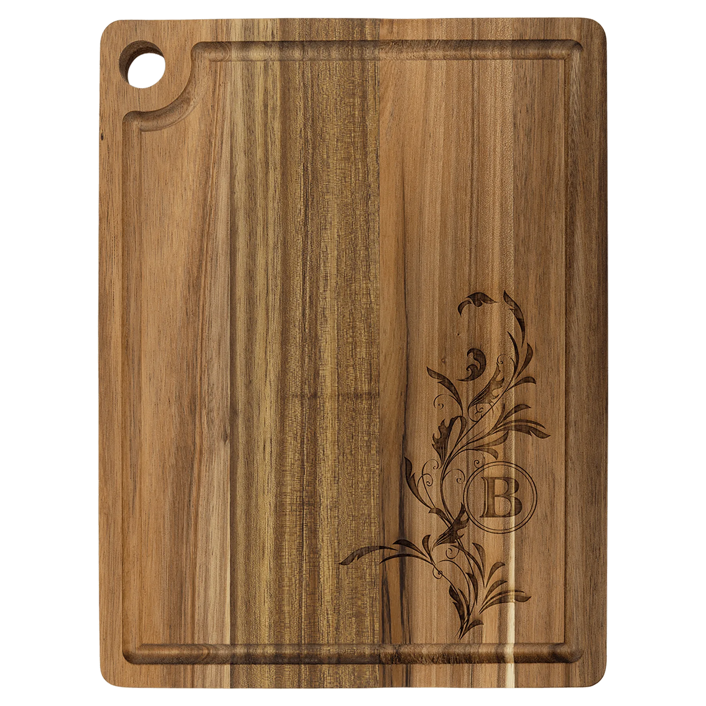 11.5" × 8.75" Acacia Cutting Board with Drip Ring and Corner Hole (acacia) — custom laser engraved — ECHIPMUNK