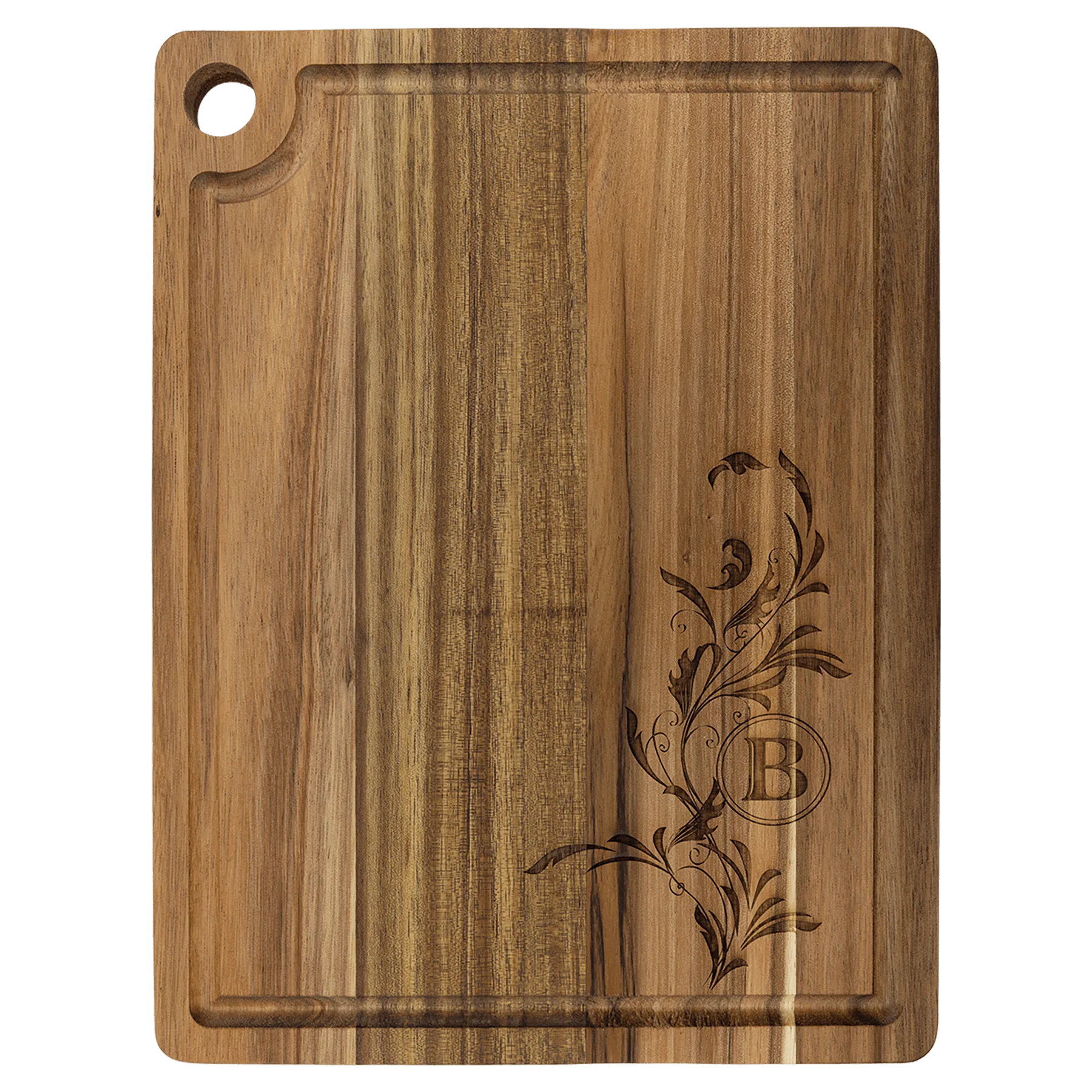 11.5" × 8.75" Acacia Cutting Board with Drip Ring and Corner Hole (acacia) — custom laser engraved — ECHIPMUNK