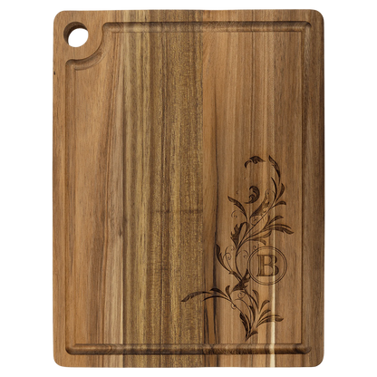 11.5" × 8.75" Acacia Cutting Board with Drip Ring and Corner Hole (acacia) — custom laser engraved — ECHIPMUNK