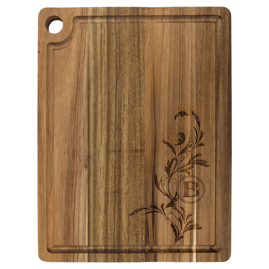 11.5" × 8.75" Acacia Cutting Board with Drip Ring and Corner Hole (acacia) — custom laser engraved — ECHIPMUNK