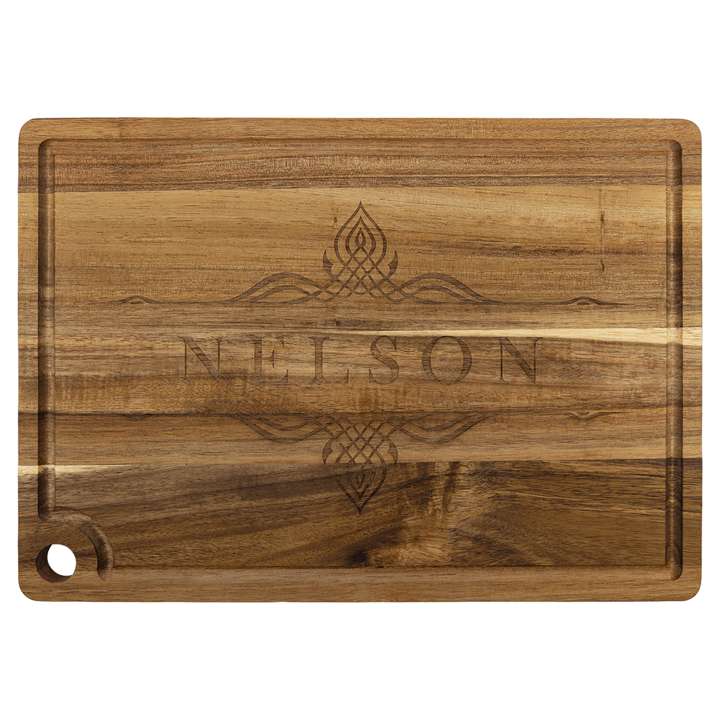 13.75" × 9.75" Acacia Cutting Board with Drip Ring and Corner Hole (acacia) — custom laser engraved — ECHIPMUNK