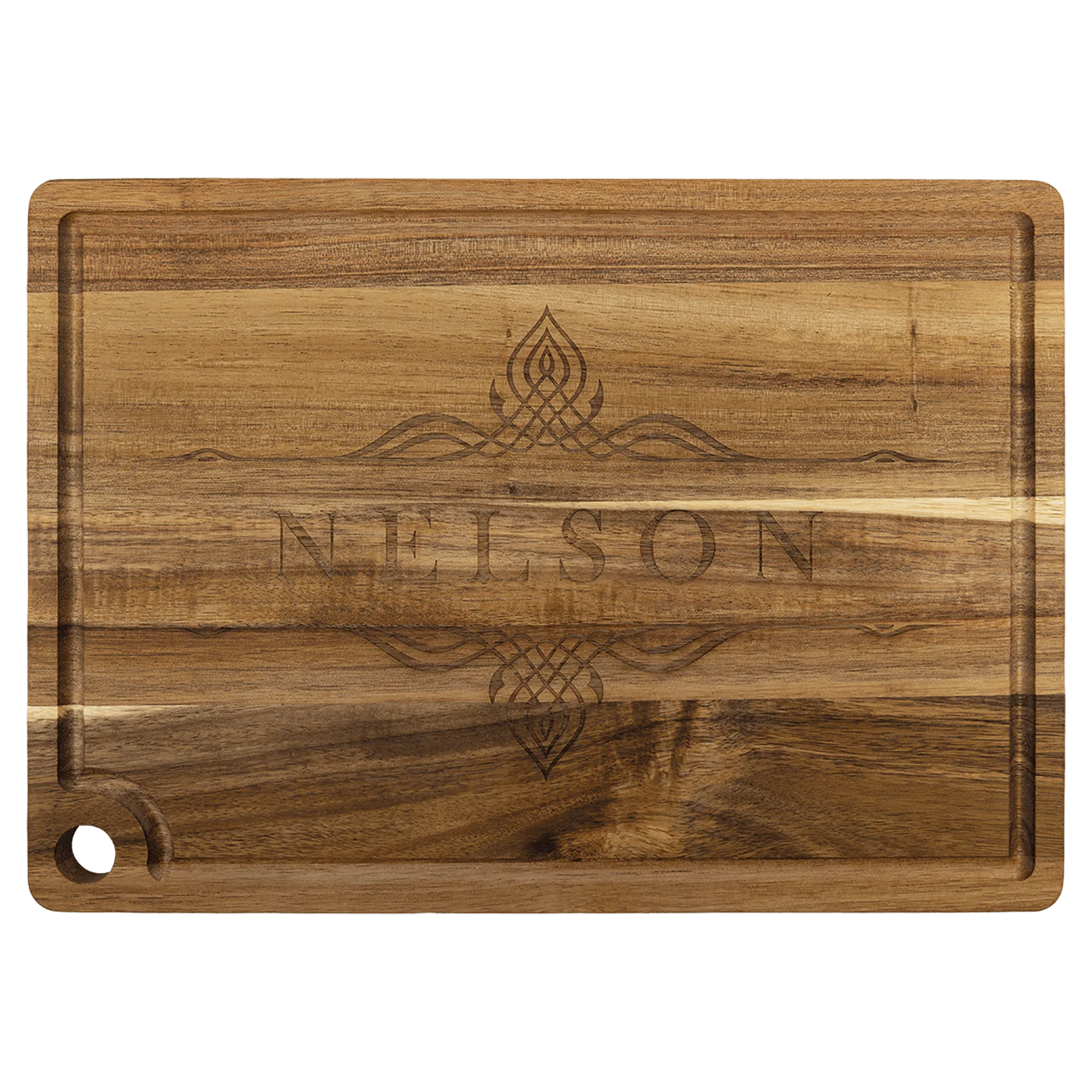 13.75" × 9.75" Acacia Cutting Board with Drip Ring and Corner Hole (acacia) — custom laser engraved — ECHIPMUNK