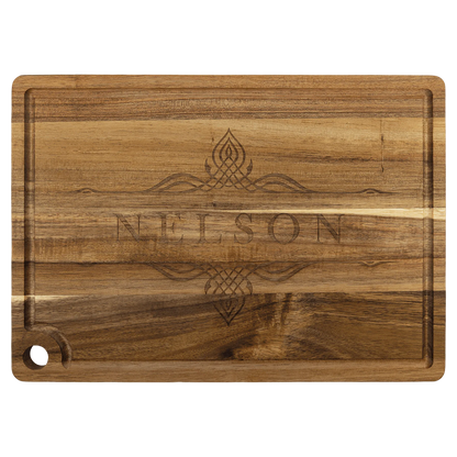 13.75" × 9.75" Acacia Cutting Board with Drip Ring and Corner Hole (acacia) — custom laser engraved — ECHIPMUNK