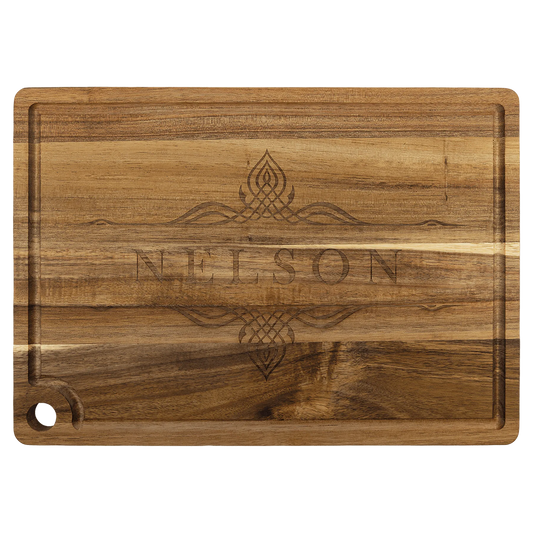 13.75" × 9.75" Acacia Cutting Board with Drip Ring and Corner Hole (acacia) — custom laser engraved — ECHIPMUNK