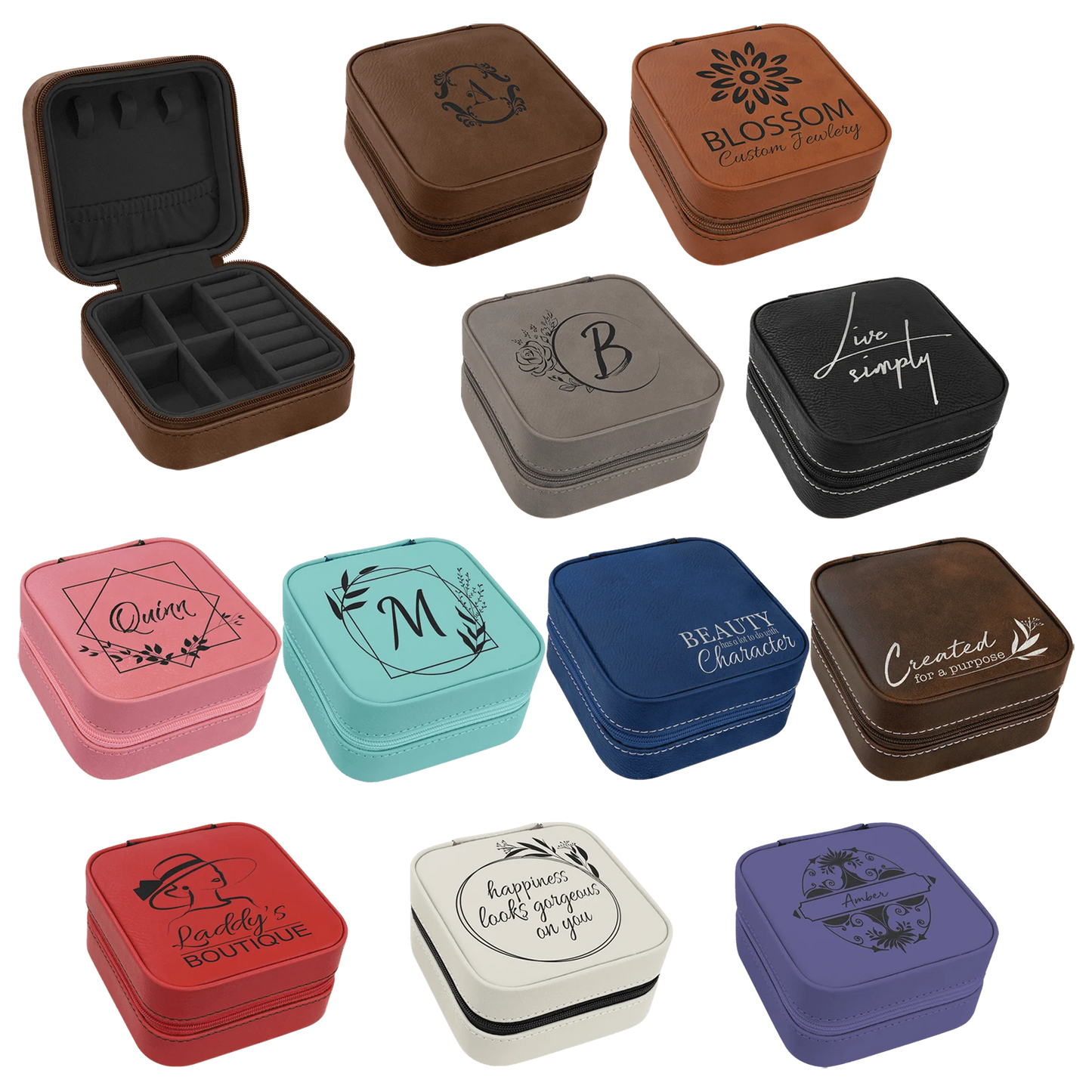 4" × 4" Travel Jewelry Box with Black Lining (leatherette) — custom laser engraved — ECHIPMUNK