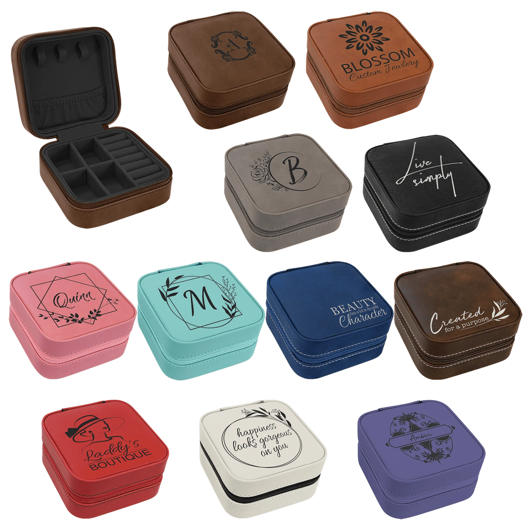 4" × 4" Travel Jewelry Box with Black Lining (leatherette) — custom laser engraved — ECHIPMUNK