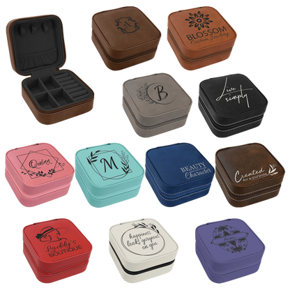 4" × 4" Travel Jewelry Box with Black Lining (leatherette) — custom laser engraved — ECHIPMUNK