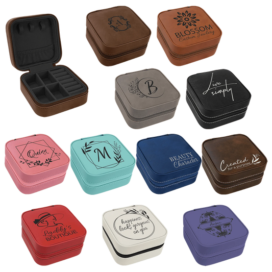 4" × 4" Travel Jewelry Box with Black Lining (leatherette) — custom laser engraved — ECHIPMUNK