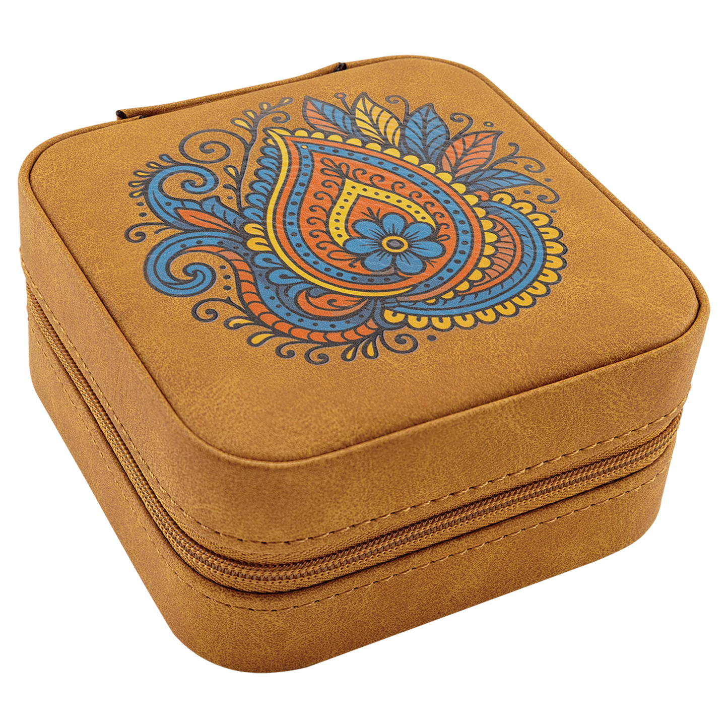 Travel Jewelry Box - , Creekside Collection, 4" × 4", Light Brown (leatherette) — custom laser engraved — ECHIPMUNK