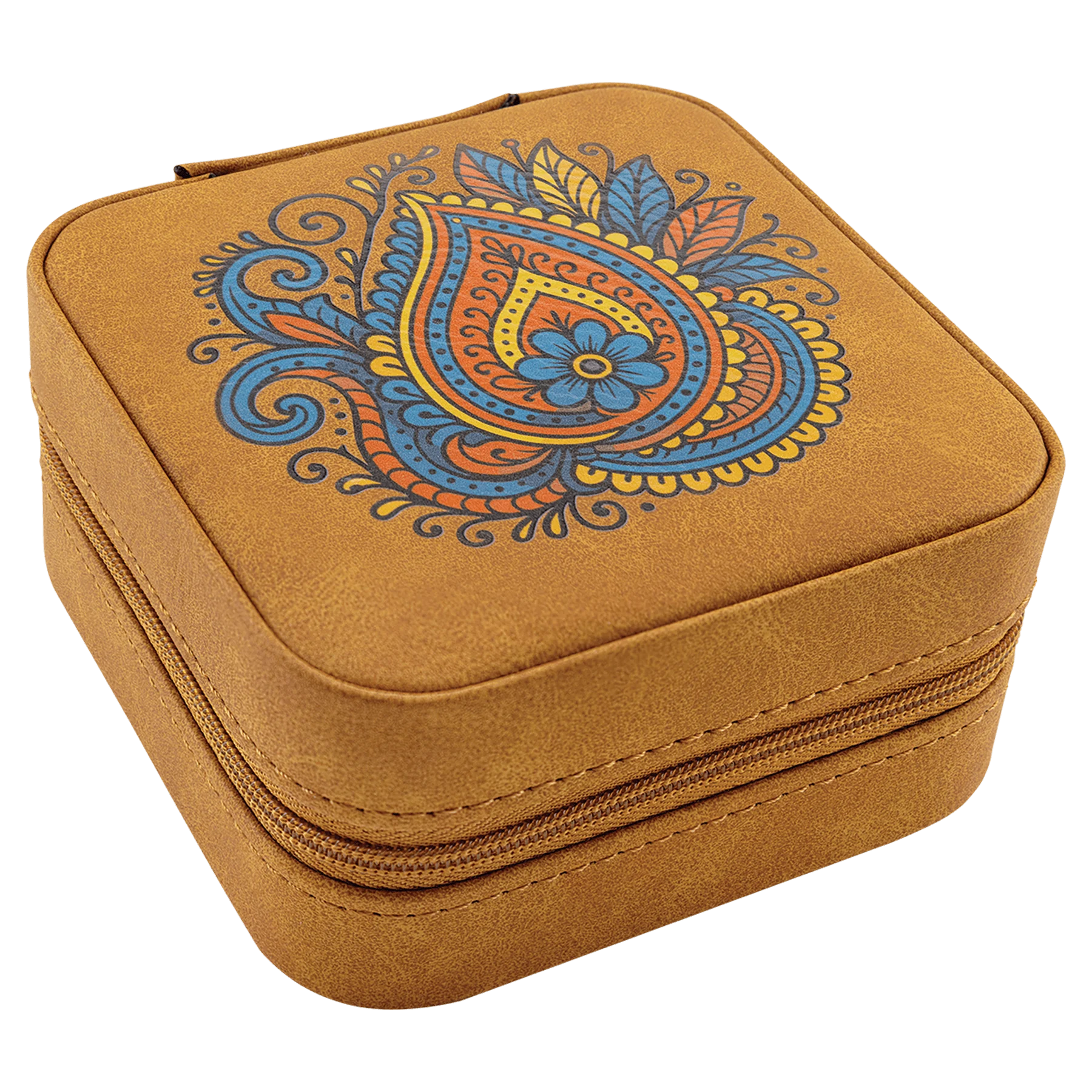 Travel Jewelry Box - , Creekside Collection, 4" × 4", Light Brown (leatherette) — custom laser engraved — ECHIPMUNK