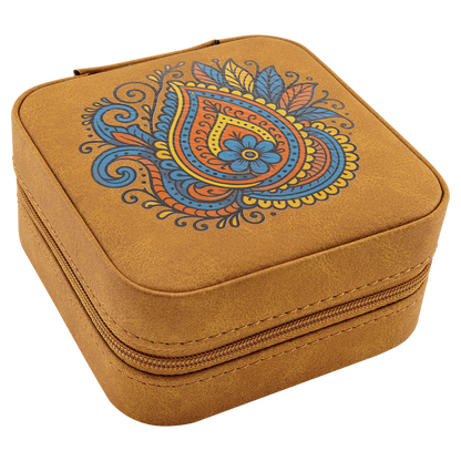 Travel Jewelry Box - , Creekside Collection, 4" × 4", Light Brown (leatherette) — custom laser engraved — ECHIPMUNK