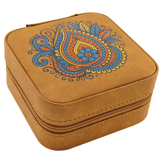 Travel Jewelry Box - , Creekside Collection, 4" × 4", Light Brown (leatherette) — custom laser engraved — ECHIPMUNK