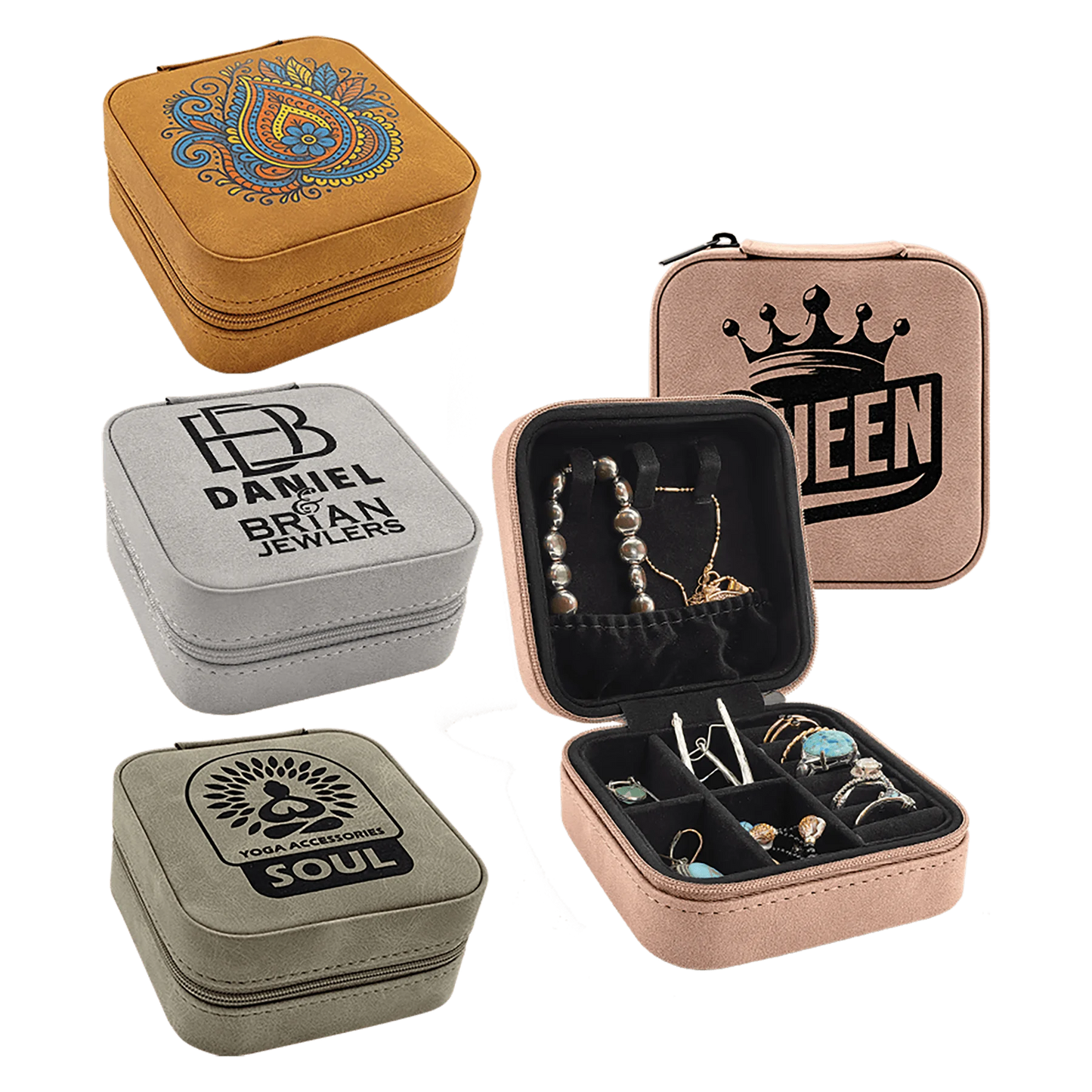 Travel Jewelry Box - , Creekside Collection, 4" × 4", (leatherette) — custom laser engraved — ECHIPMUNK